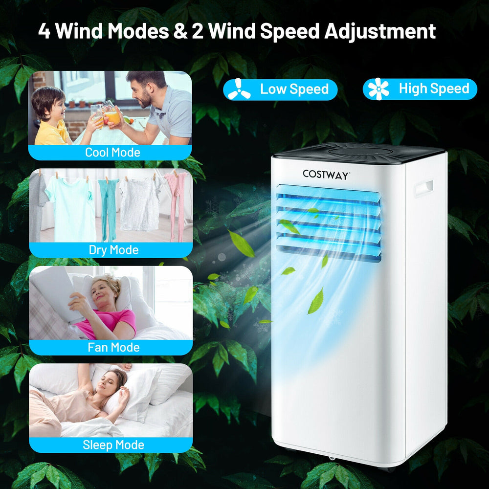 Portable air conditioner with 10000 BTU, featuring 4 modes, 2 speed adjustments, and remote control for versatile.
