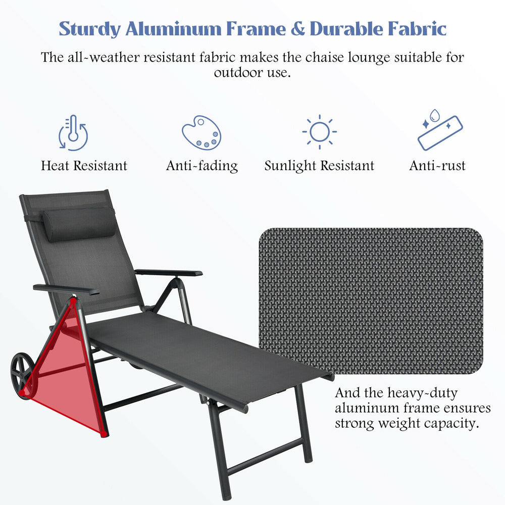 Patio lounge chair with wheels and neck pillow, featuring a gray aluminum frame and adjustable backrest for outdoor.