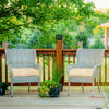 Beige 21-inch patio chair seat cushion pads on wicker chairs, ideal for indoor and outdoor comfort and durability.