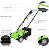 13-inch electric scarifier with collection bag, featuring depth adjustment lever and dual safety switch for secure.