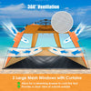 Large orange beach tent with 3 mesh windows for 360° ventilation, providing UPF 50+ sun protection and spacious.