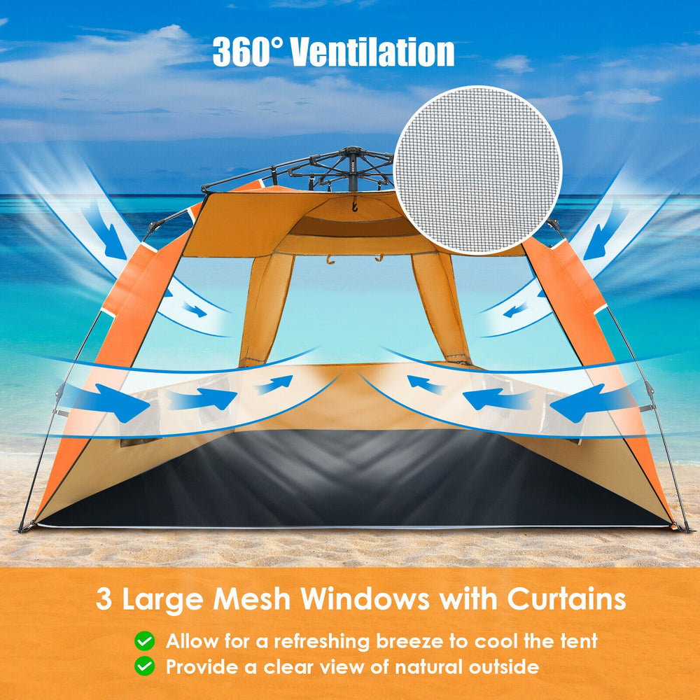 Large orange beach tent with 3 mesh windows for 360° ventilation, providing UPF 50+ sun protection and spacious.