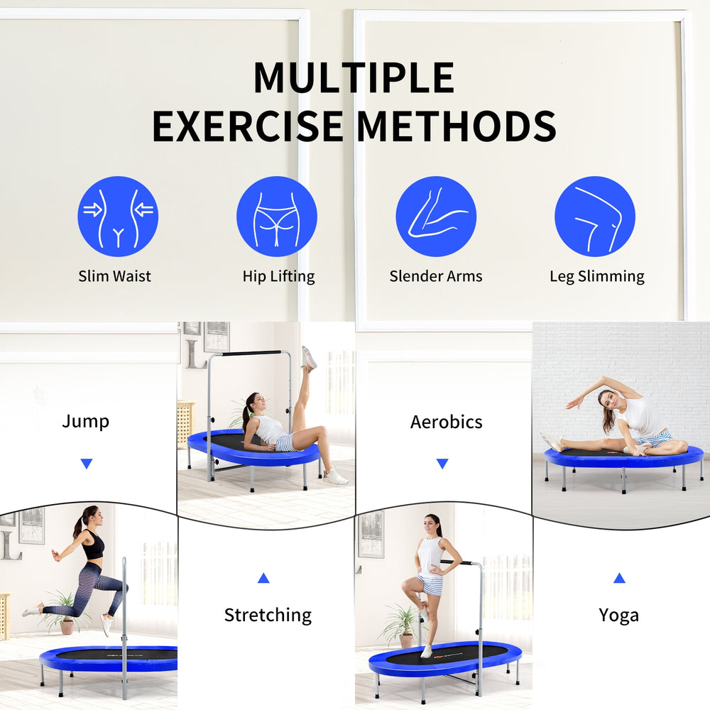 Foldable blue mini trampoline for kids, featuring adjustable height, durable jumping mat, and foam-padded handle for.