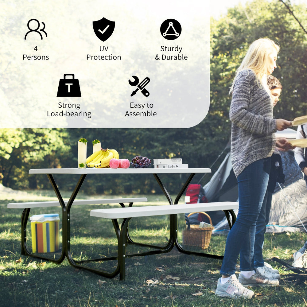 Picnic table bench set in white with HDPE material, sturdy metal frame, and easy assembly for outdoor camping.