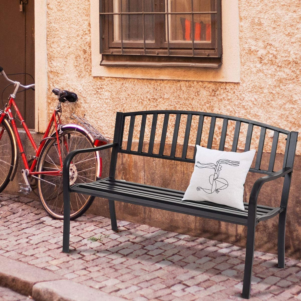 50-inch patio garden bench with ergonomic design and armrests, ideal for outdoor relaxation in any backyard or park.