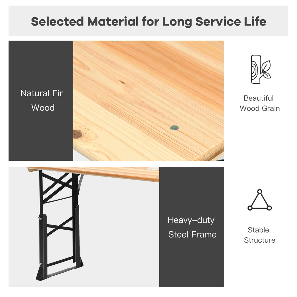 Natural fir wood tabletop and heavy-duty steel frame of the 66.5-inch outdoor folding picnic table for stability and.