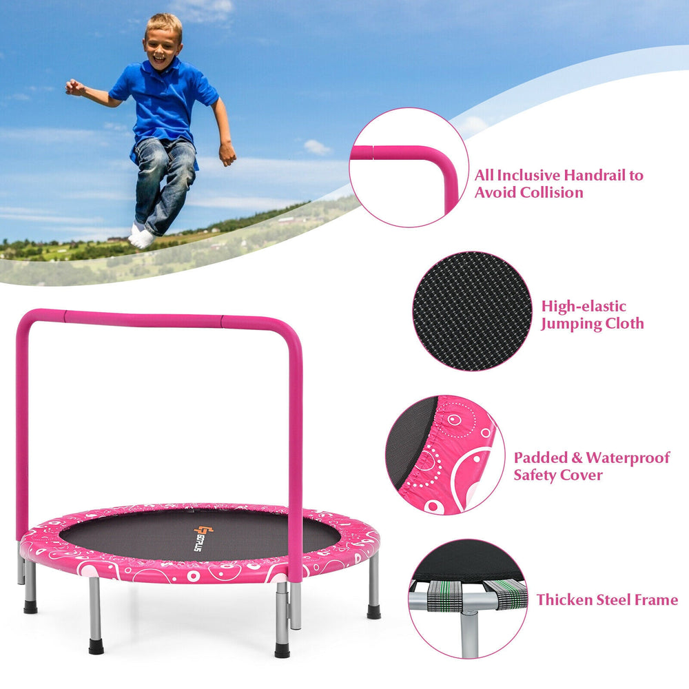 36-inch pink kids trampoline with full covered handrail, padded safety cover, and sturdy steel frame for indoor/outdoor.