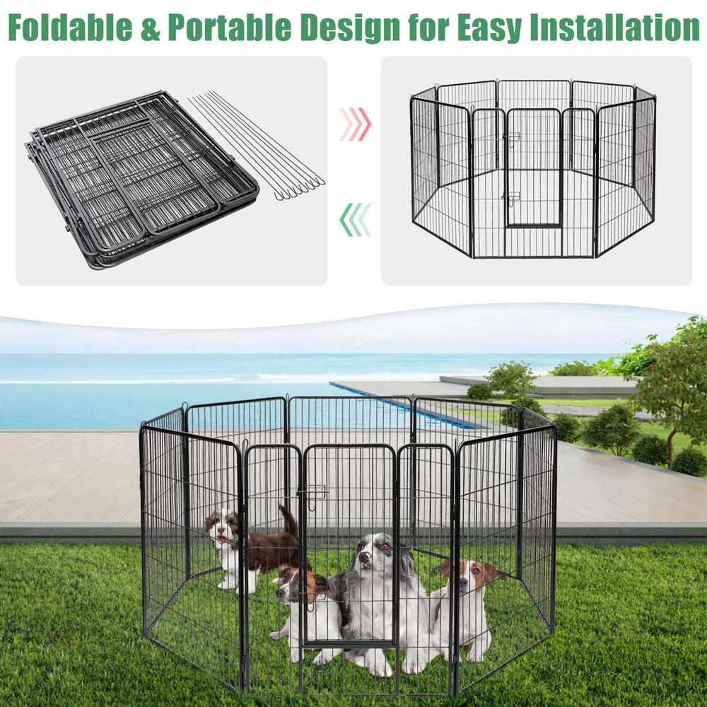 Heavy-duty 8-panel pet playpen with door, rust-resistant black coating, ideal for outdoor exercise and play.