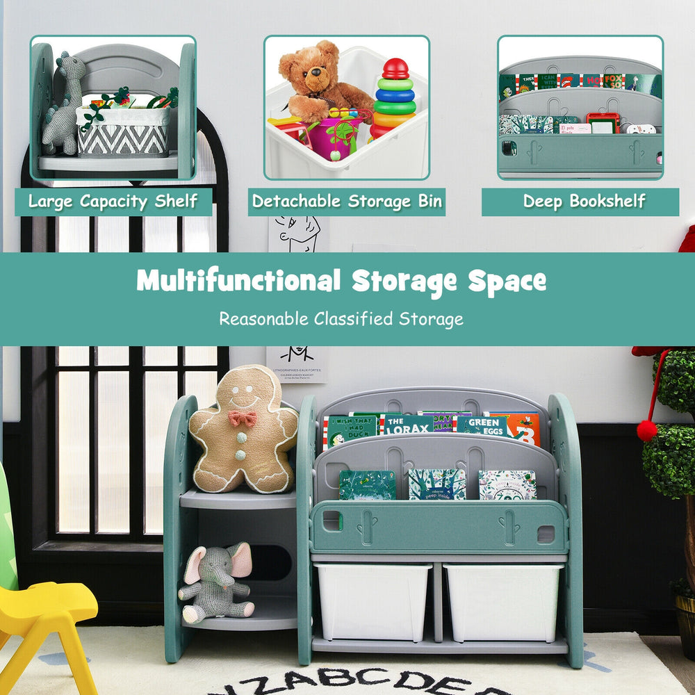 Kids toy storage organizer featuring a 2-tier bookshelf and detachable bins for easy organization in playrooms.
