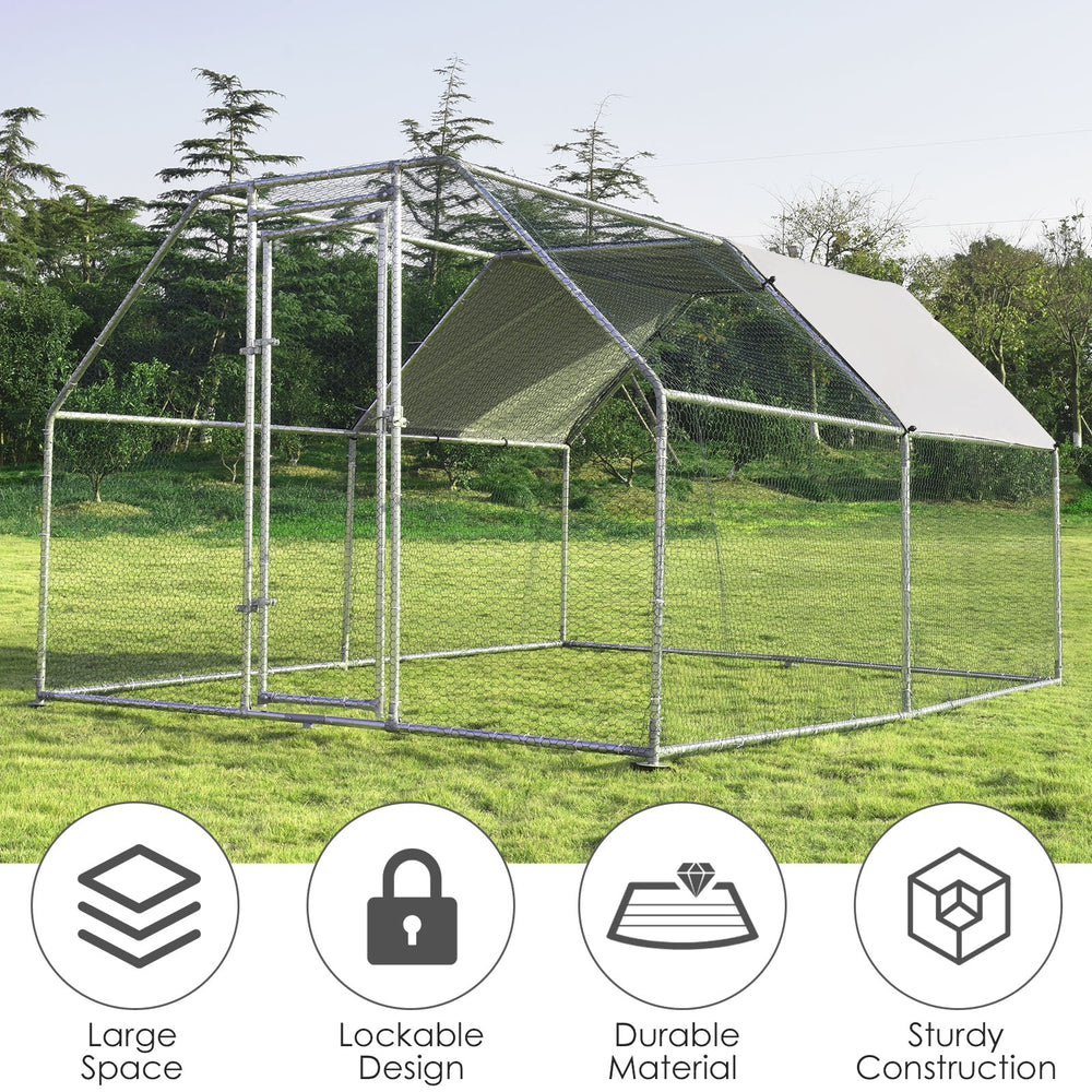 Large walk-in chicken coop run with solid steel frame, galvanized tube, and waterproof cover for outdoor use.