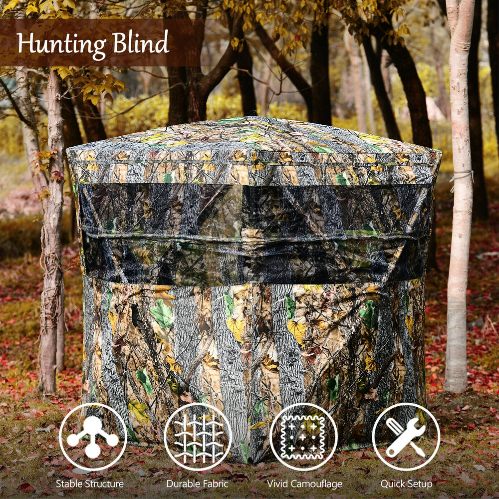 3-person portable hunting blind with vivid camouflage, multiple windows, and durable fabric for easy setup in outdoor.