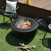 Outdoor fire pit with BBQ grill, high-temp finish, and mesh cover, perfect for backyard gatherings and grilling.
