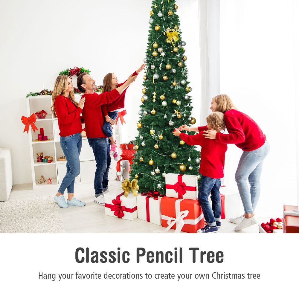 Slim 9-foot PVC artificial pencil Christmas tree with dense needles, perfect for small spaces and holiday decorations.