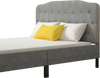 Light gray queen upholstered headboard with adjustable heights, featuring button detailing and a sturdy plywood frame.