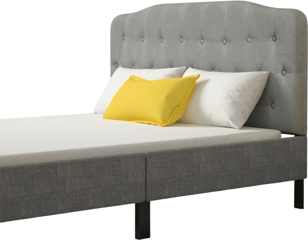 Light gray queen upholstered headboard with adjustable heights, featuring button detailing and a sturdy plywood frame.