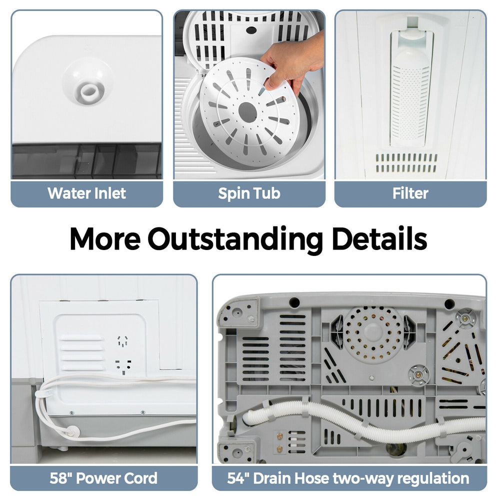 Water inlet, spin tub, and filter details of the 2-in-1 portable washing machine for efficient laundry use.
