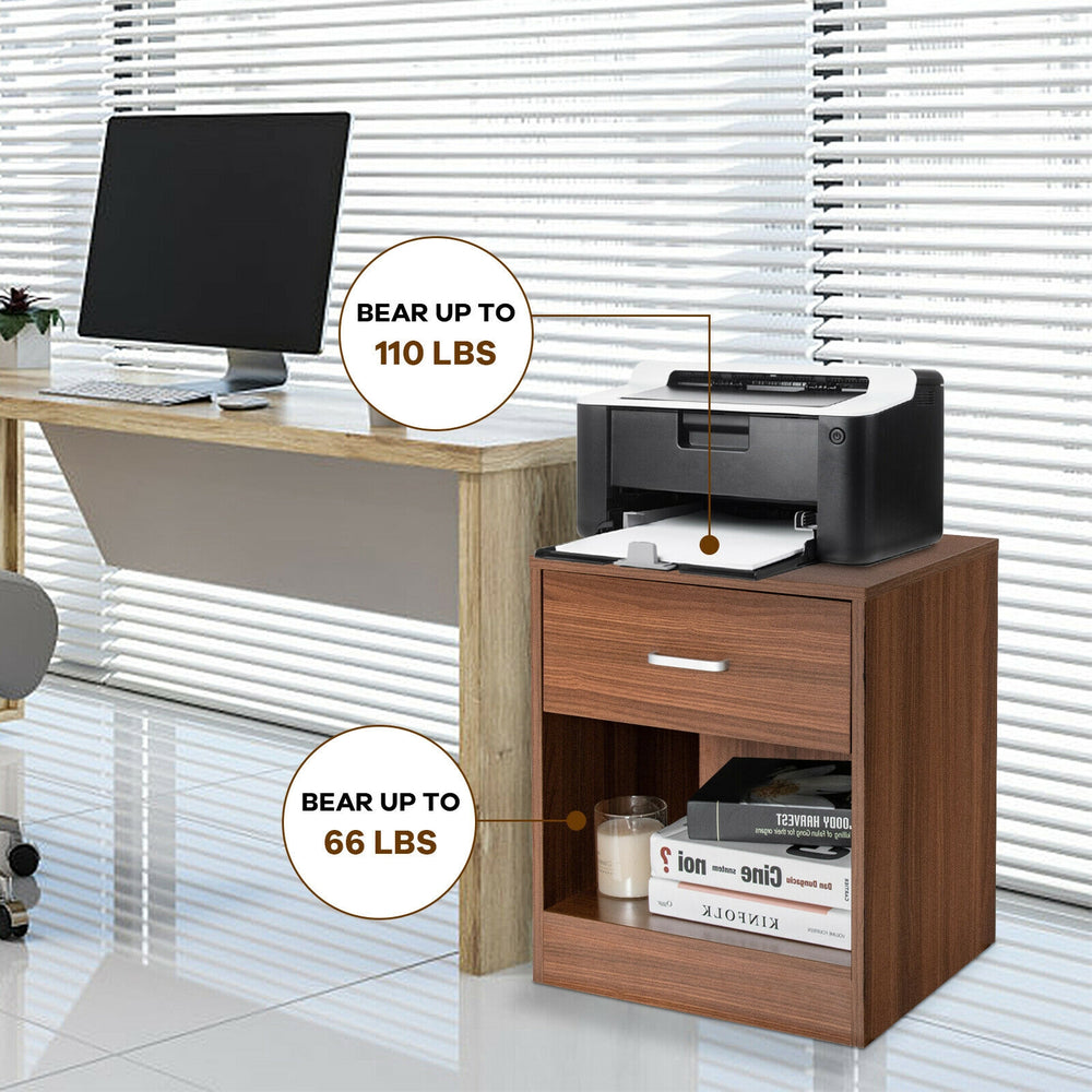 Brown nightstand with storage drawer and open compartment, sturdy wooden construction, ideal for bedroom or living room.