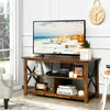 Brown 3-tier wood TV stand with open shelves, X-shaped frame, featuring a smooth surface and natural texture for easy.