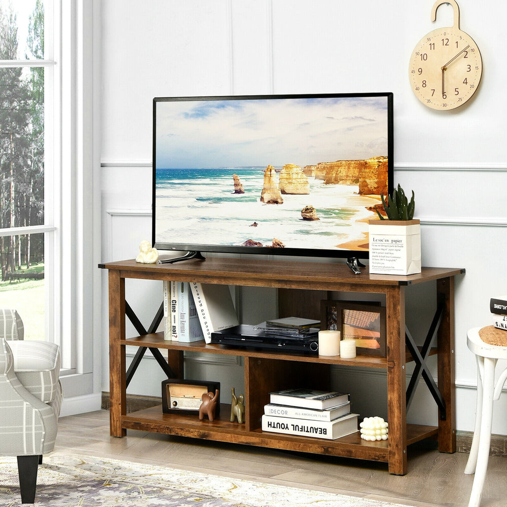 Brown 3-tier wood TV stand with open shelves, X-shaped frame, featuring a smooth surface and natural texture for easy.