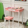 Kids pink vanity table and stool set with tri-folding mirror, star patterns, and detachable design for play or study.