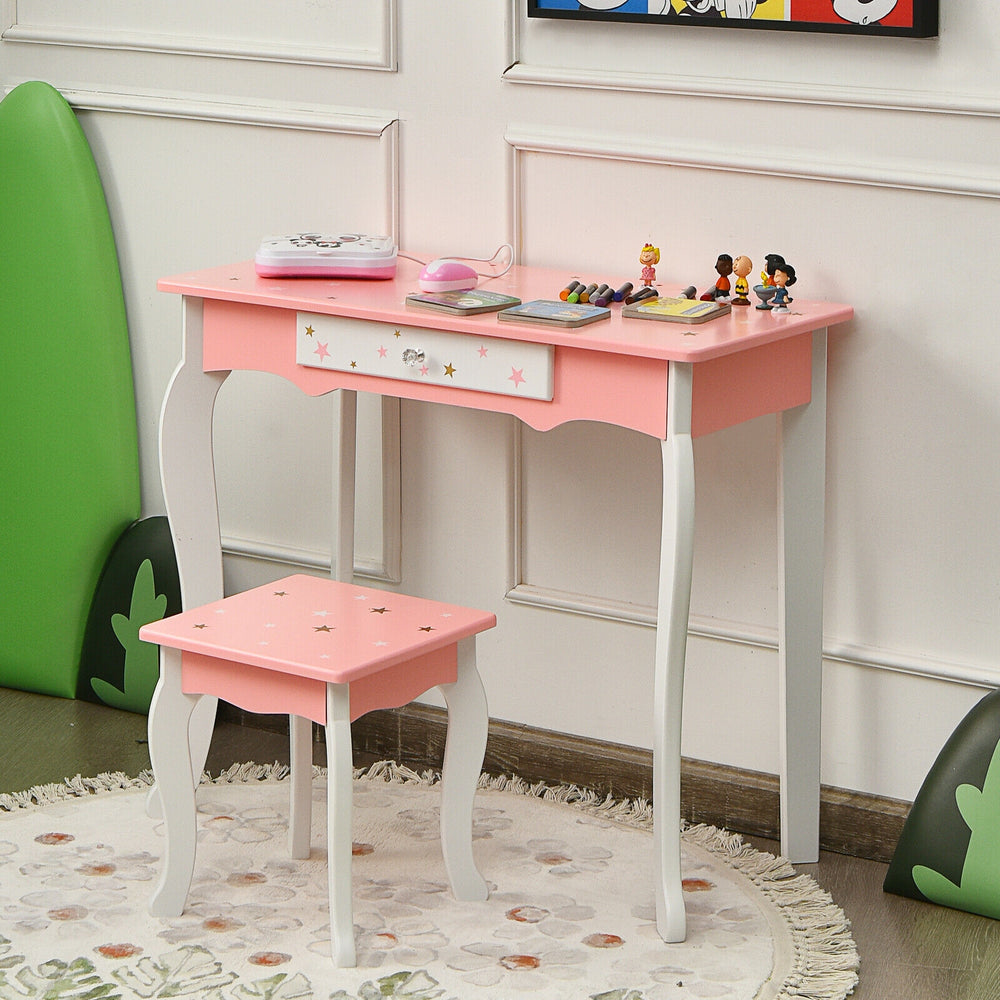 Kids pink vanity table and stool set with tri-folding mirror, star patterns, and detachable design for play or study.