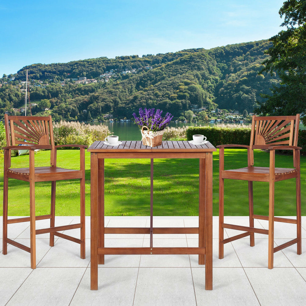 3-piece acacia wood patio bar set with sunflower patterned backrest, perfect for outdoor relaxation and entertainment.