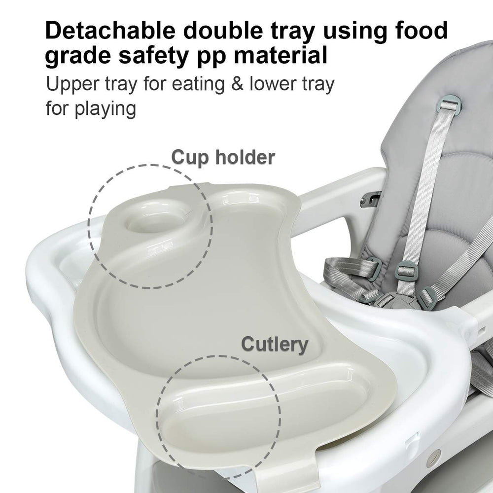 Detachable double tray of the 3-in-1 baby high chair in gray, featuring cup and cutlery holders for easy cleaning.