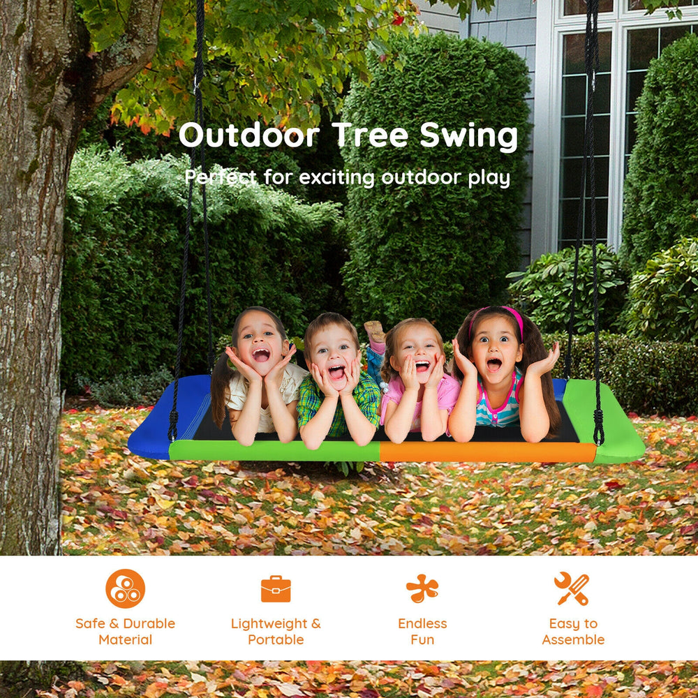 Platform tree swing with adjustable height, made of durable oxford cloth and metal frame, perfect for outdoor fun.