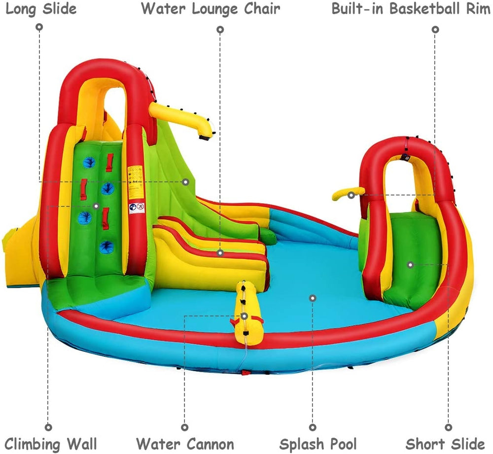 Inflatable water slide bounce park featuring a splash pool, two slides, climbing walls, and a water cannon for outdoor.