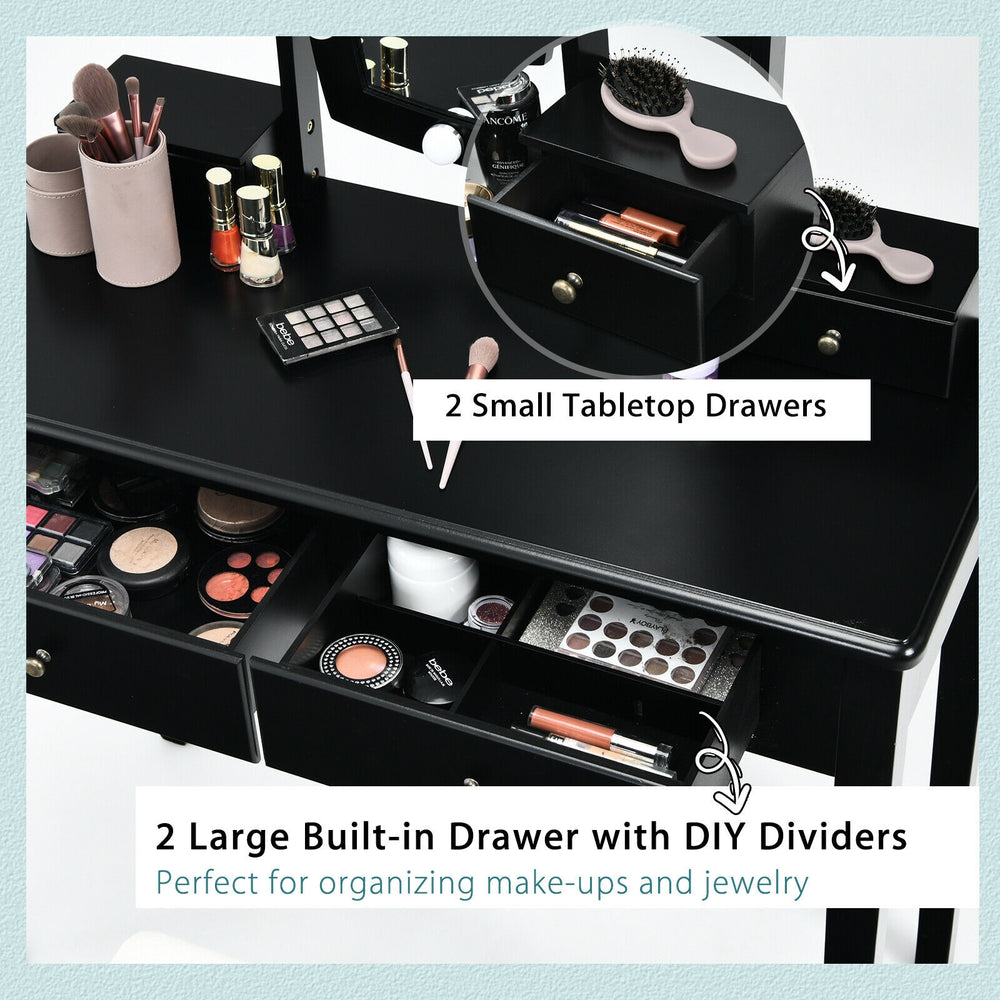 Vanity table set in black with lighted mirror, featuring 2 small and 2 large drawers for organizing makeup and jewelry.