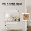 Rectangular 32x20 inch golden metal frame wall-mounted mirror, designed for vertical or horizontal hanging in various.