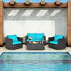 Patio rattan furniture set with turquoise cushions, featuring a coffee table with tempered glass, ideal for poolside.