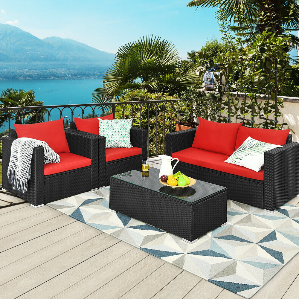 4 Pieces Patio Rattan Conversation Set with Cushions and Coffee Table-Red - Gallery View 1 of 10