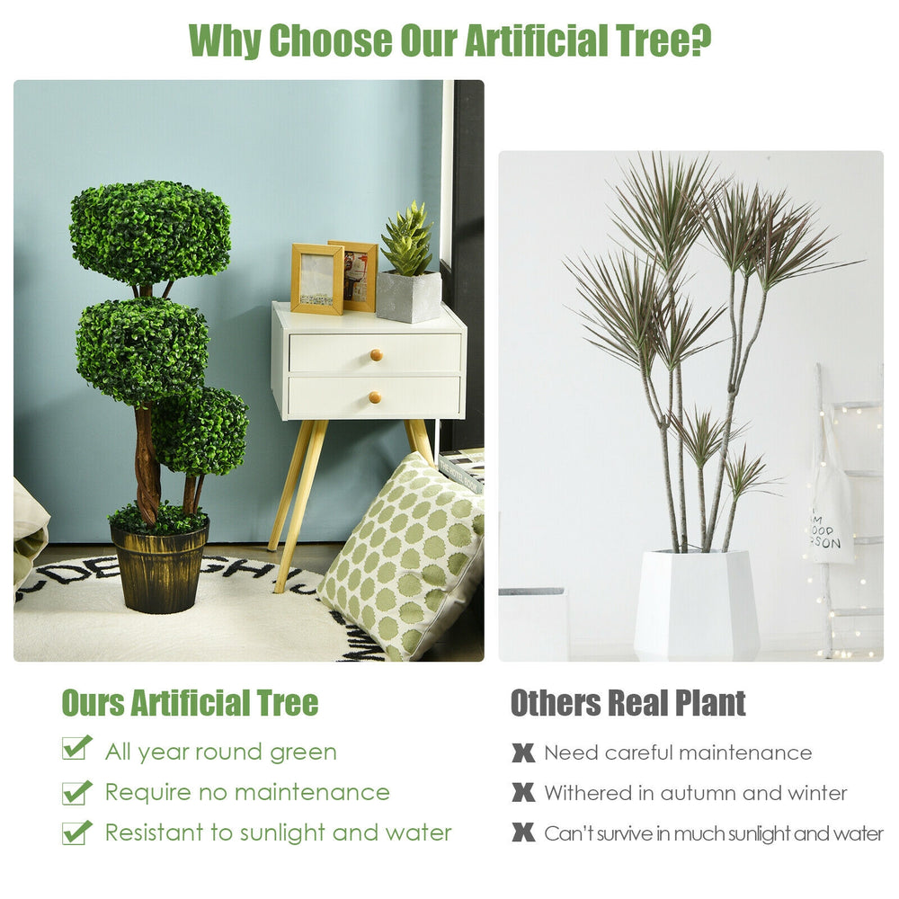 36-inch artificial boxwood topiary tree with three trunks and green foliage, perfect for indoor and outdoor decoration.