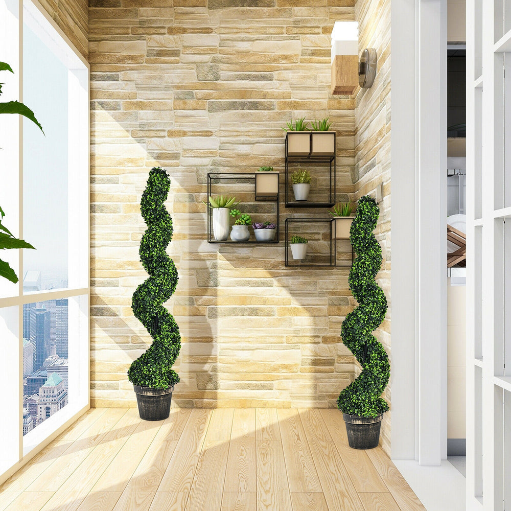 Two 4-foot artificial spiral boxwood topiary trees in golden pots, perfect for indoor or outdoor decor.