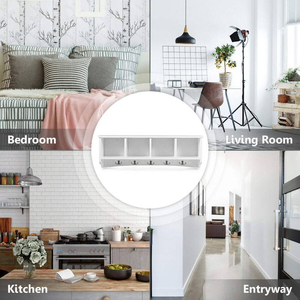 Wall-mounted storage cabinet with five hooks and four compartments, perfect for entryway organization and space-saving.
