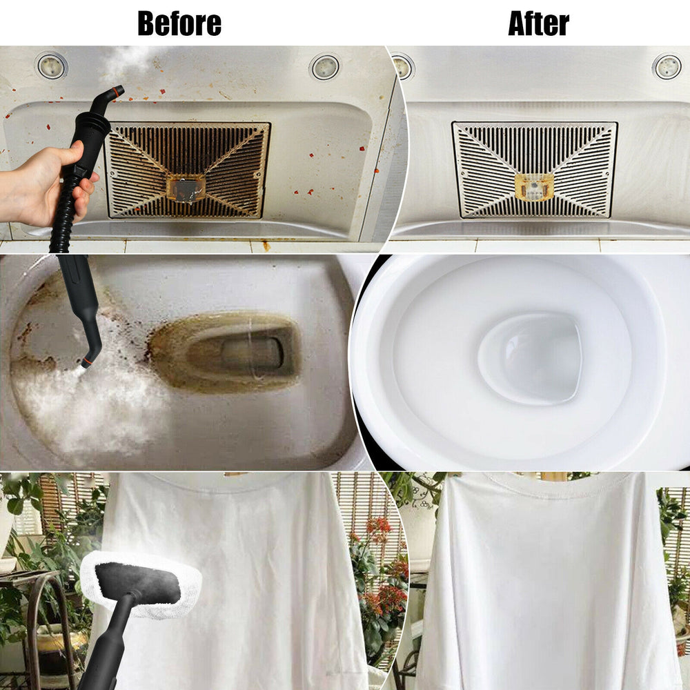 1400W multipurpose pressurized steam cleaner with accessories, showcasing before and after cleaning results for.