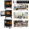 Freestanding black electric fireplace heater with panoramic 3-sided view, adjustable thermostat, and realistic flame.