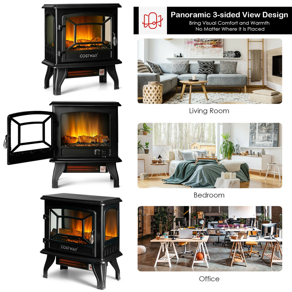Freestanding black electric fireplace heater with panoramic 3-sided view, adjustable thermostat, and realistic flame.