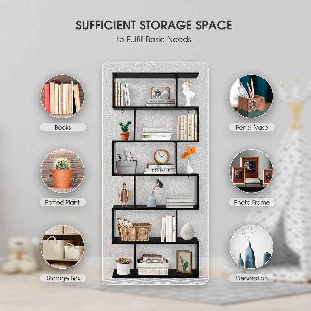 6-tier S-shaped black bookshelf with spacious compartments for books and decor, ideal for living room or office use.