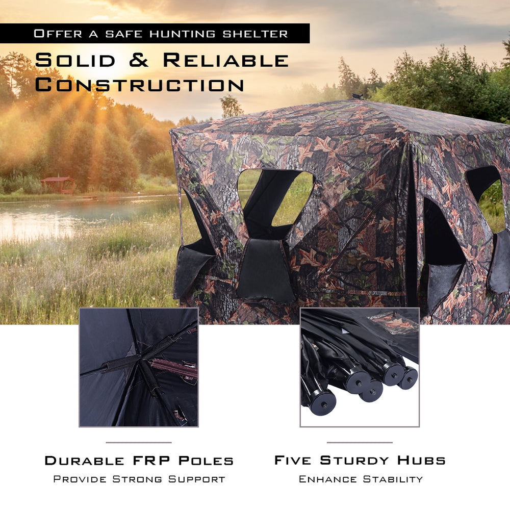 Ground hunting blind with camo design, durable fiberglass frame, and 360° visibility for stealthy hunting.