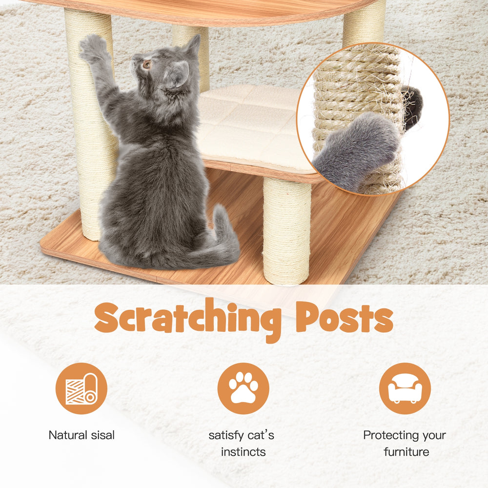 Tall wooden cat tree with sisal posts, featuring 6 platforms for climbing and scratching, ideal for cat activity and.