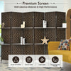 6-panel folding room divider in brown with hand-woven fiber and 2 display shelves, perfect for creating private spaces.