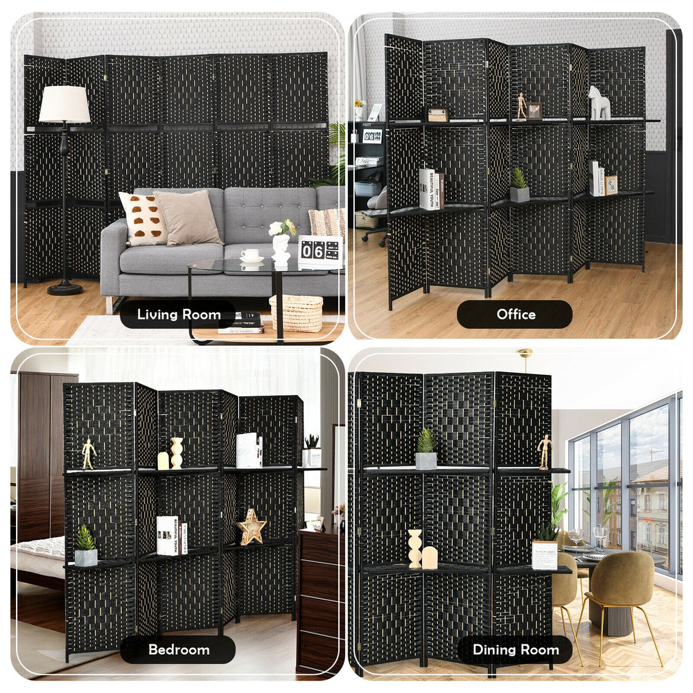 6 Panel Folding Weave Fiber Room Divider with 2 Display Shelves -Black - Gallery View 1 of 11