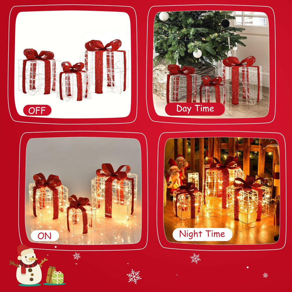 Three pieces of Christmas lighted gift boxes with red bows, showcasing 60 LED lights for festive indoor and outdoor.