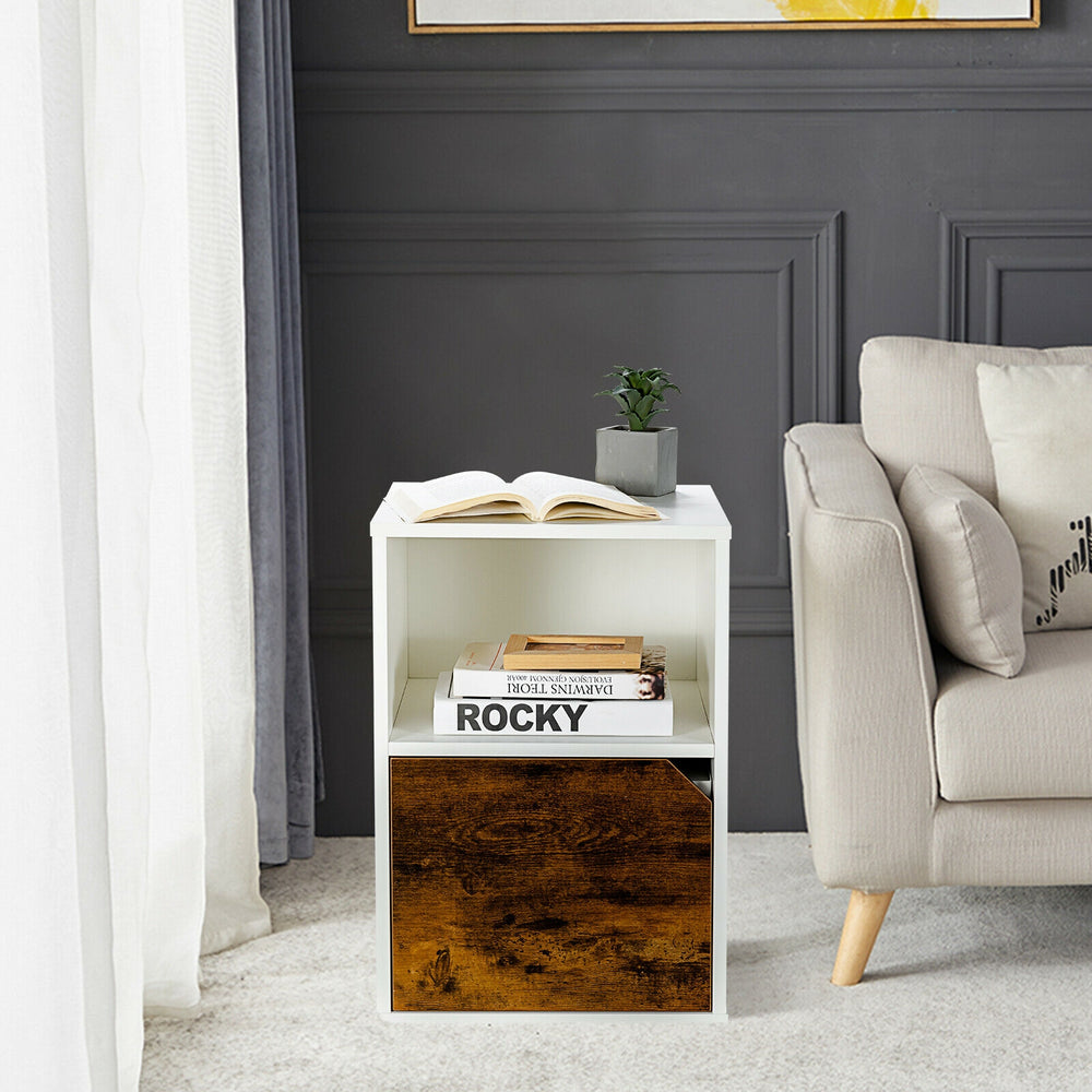 White nightstand with open shelf and cabinet, featuring a stylish design for bedside storage in living room or bedroom.