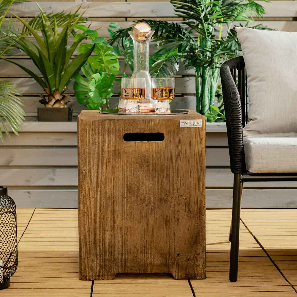 Rustic 16-inch outdoor hideaway table for 20 lbs propane tank, featuring side handles and adjustable foot pads for.