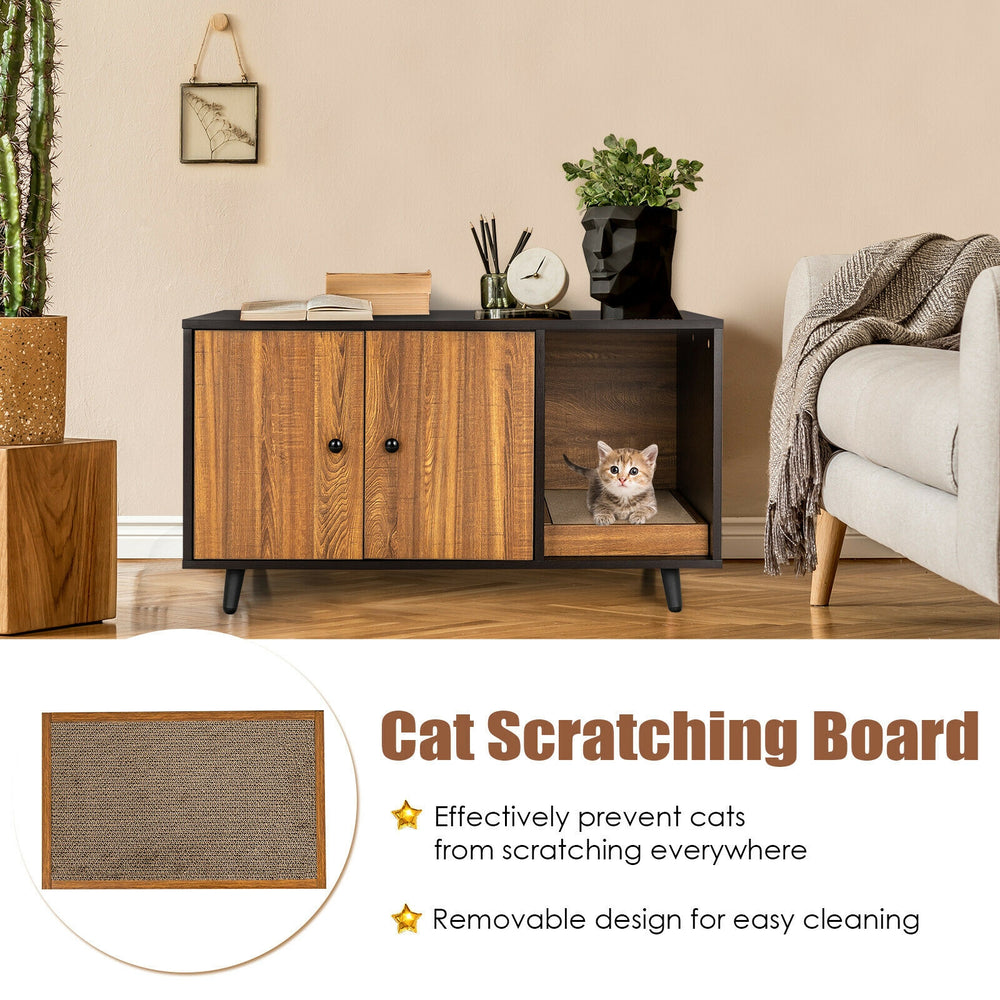 Cat litter box enclosure with double doors, divider, and scratching pad, perfect for private potty space and home decor.