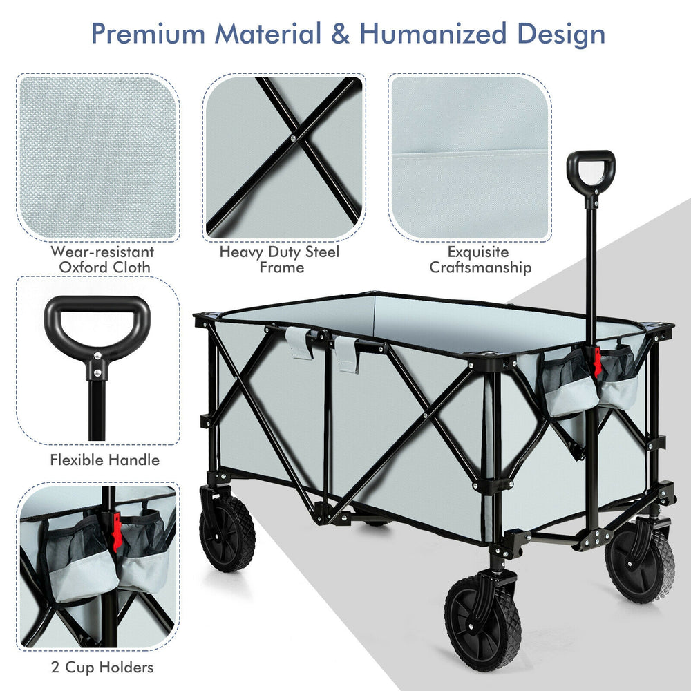 Collapsible outdoor folding wagon cart in gray with adjustable handle, sturdy steel frame, and flexible wheels for easy.