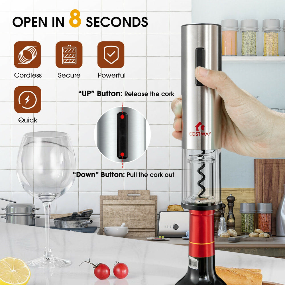 Electric wine bottle opener set with stainless steel design, includes foil cutter and wine stoppers for easy use.